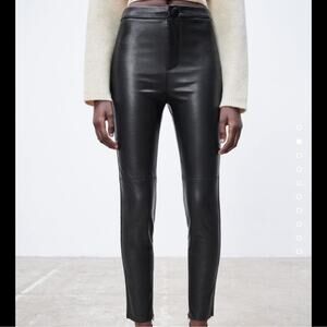 NWT Zara High Rise Skinny Pants Faux Leather Black sz S Zipper Hem Stretch Vegan